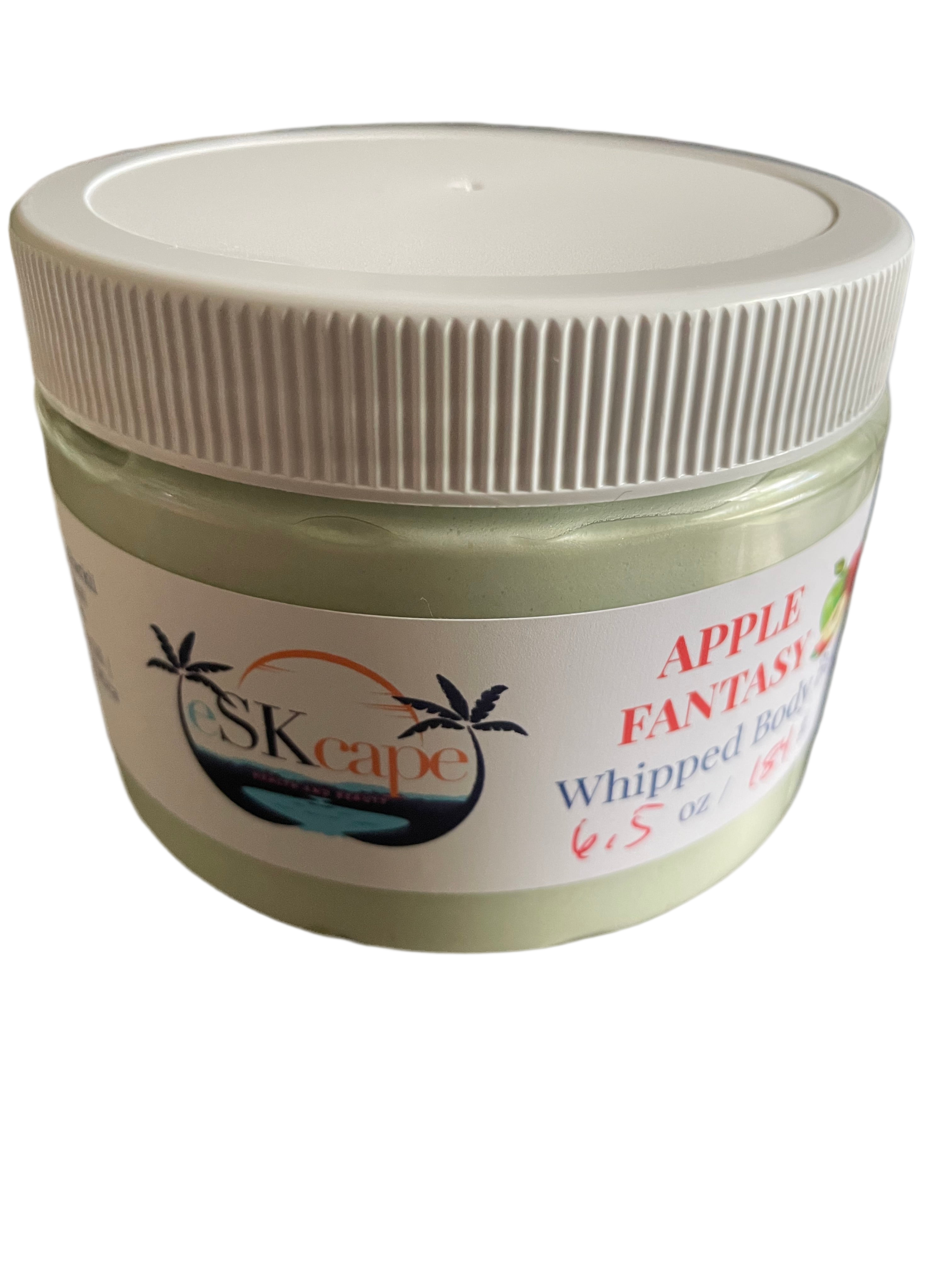 Jar of 'Apple Fantasy' whipped body butter with a white lid on a white background